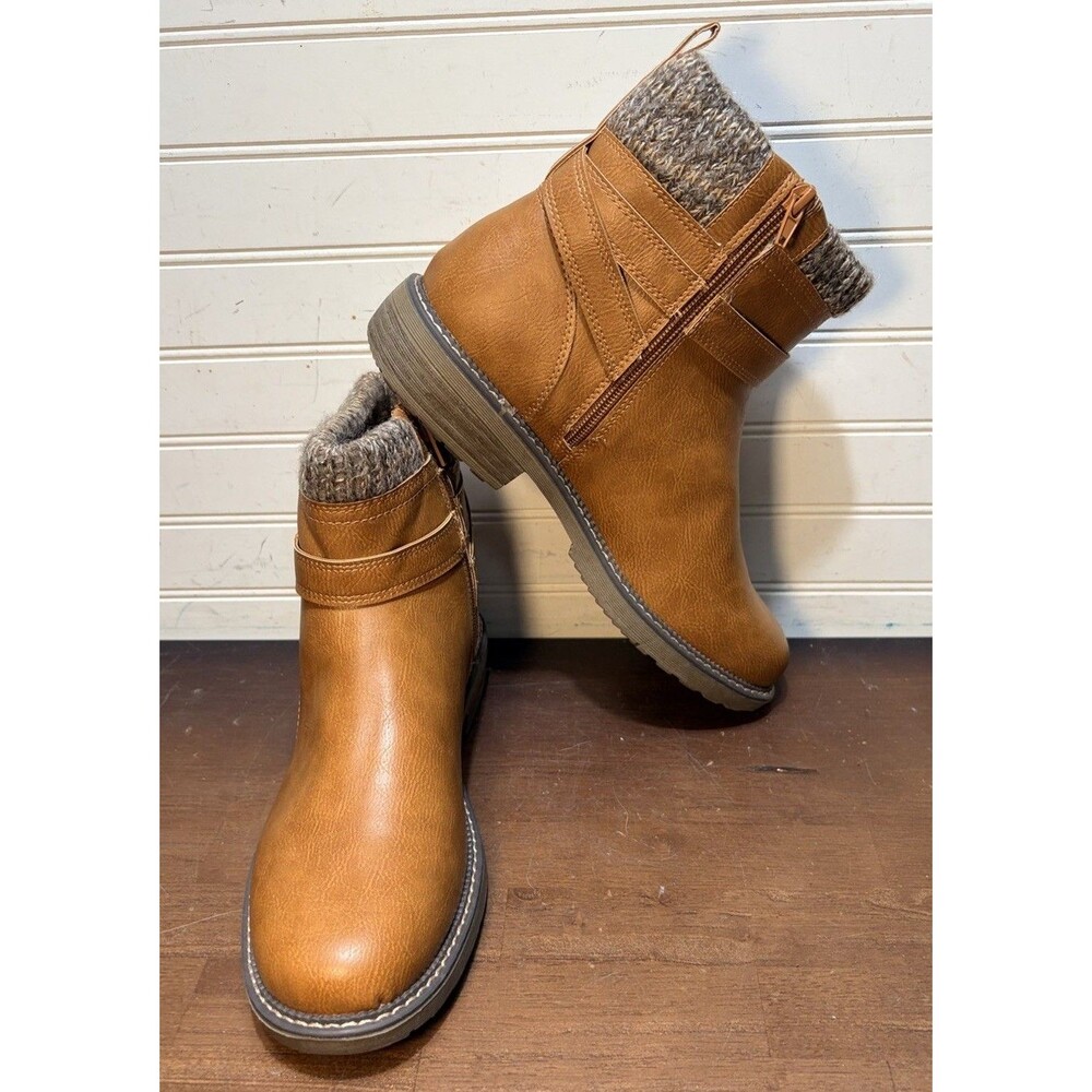 Muk Luks Garland Gina Womens Sz 9.5 Brown Faux Leather Knit Cuff Ankle Boots